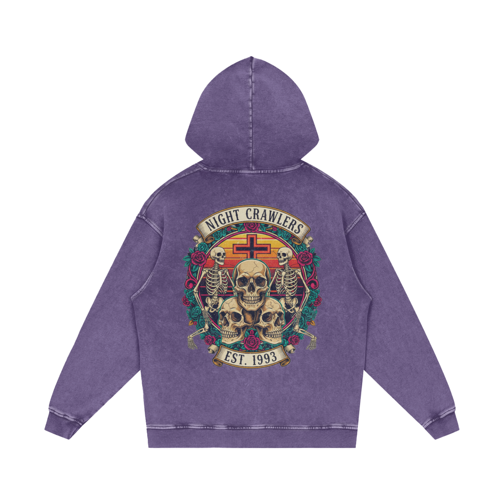 “URBAN HAZE” Vintage "Night Crawlers" Skeleton Snow Washed Loose Cotton Hoodie