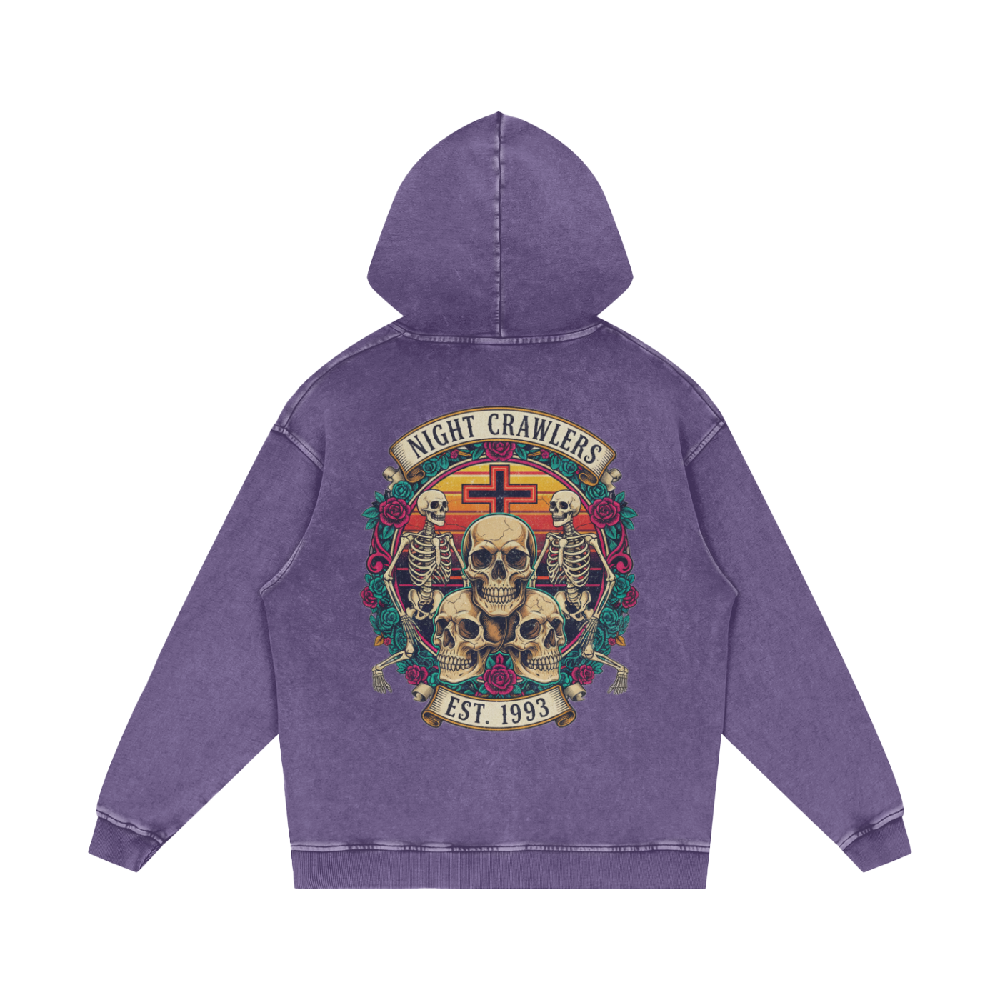 “URBAN HAZE” Vintage "Night Crawlers" Skeleton Snow Washed Loose Cotton Hoodie
