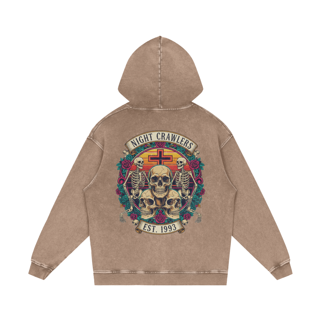 “URBAN HAZE” Vintage "Night Crawlers" Skeleton Snow Washed Loose Cotton Hoodie