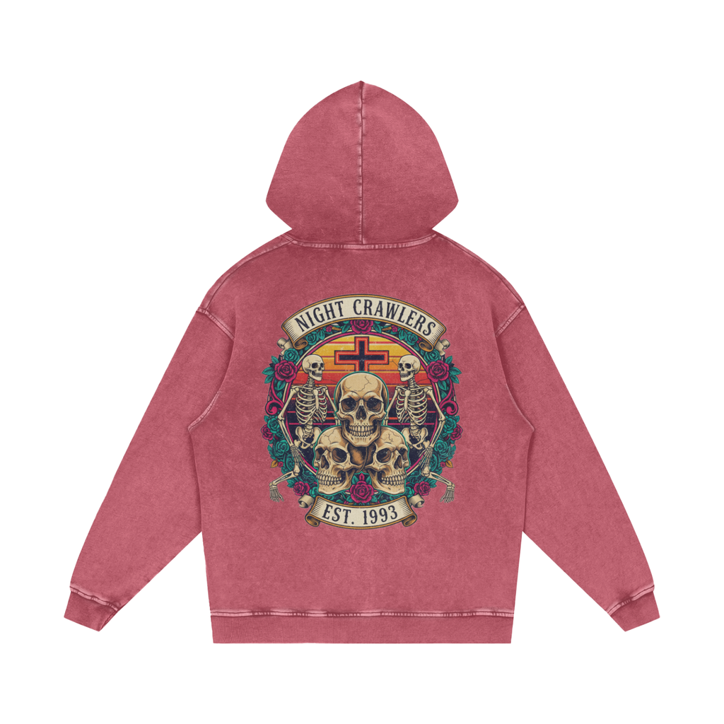 “URBAN HAZE” Vintage "Night Crawlers" Skeleton Snow Washed Loose Cotton Hoodie