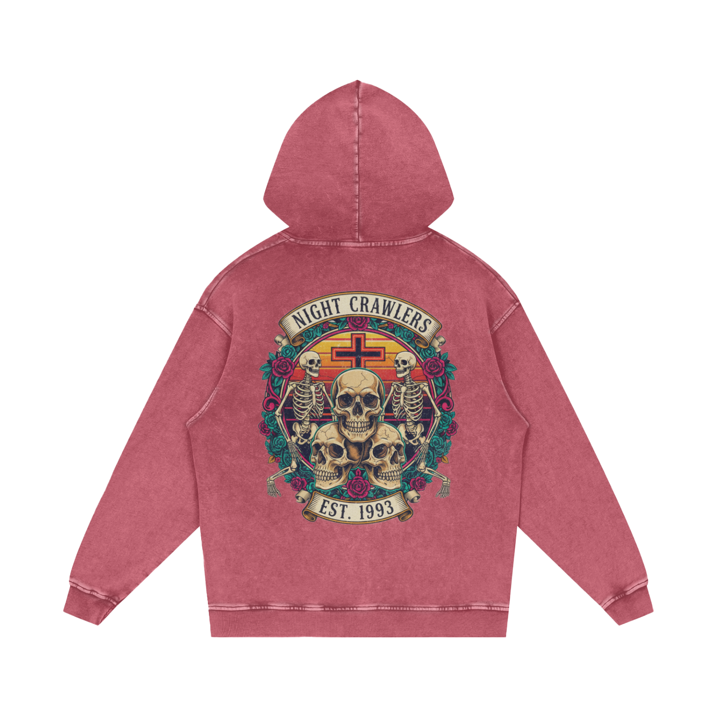 “URBAN HAZE” Vintage "Night Crawlers" Skeleton Snow Washed Loose Cotton Hoodie