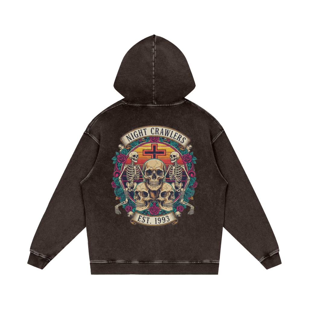 “URBAN HAZE” Vintage "Night Crawlers" Skeleton Snow Washed Loose Cotton Hoodie
