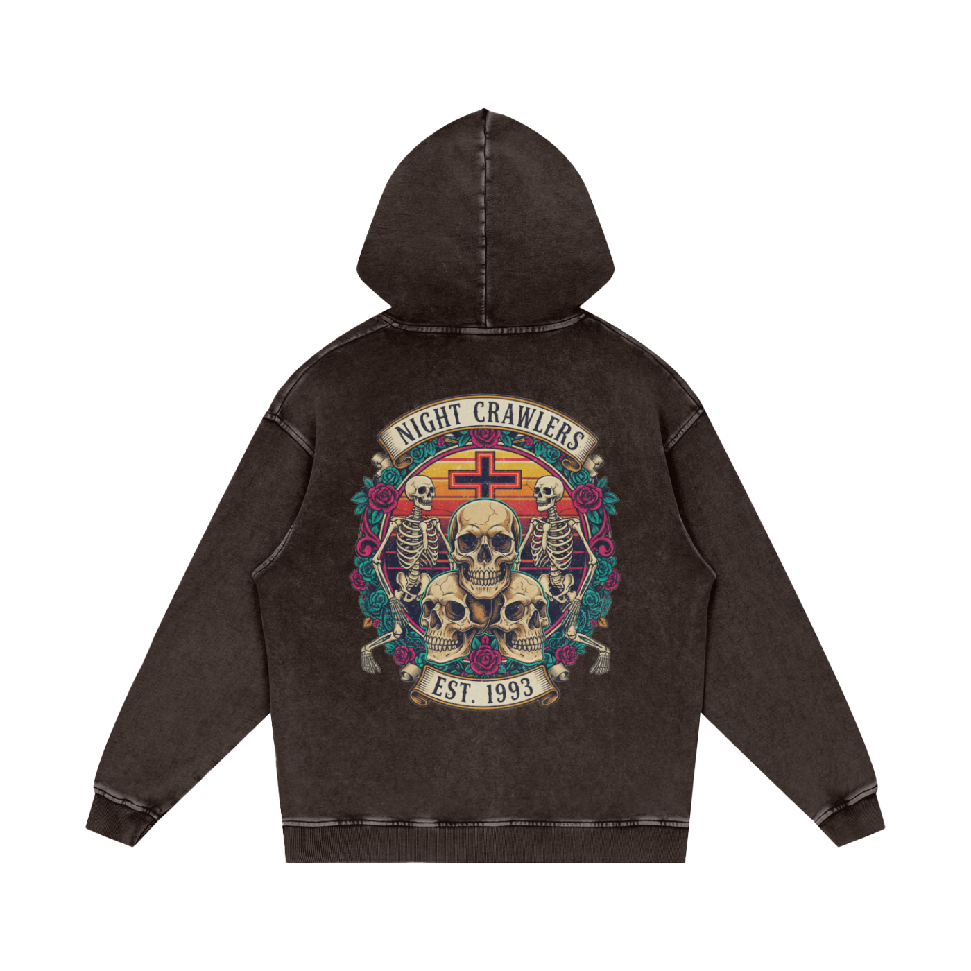 “URBAN HAZE” Vintage "Night Crawlers" Skeleton Snow Washed Loose Cotton Hoodie