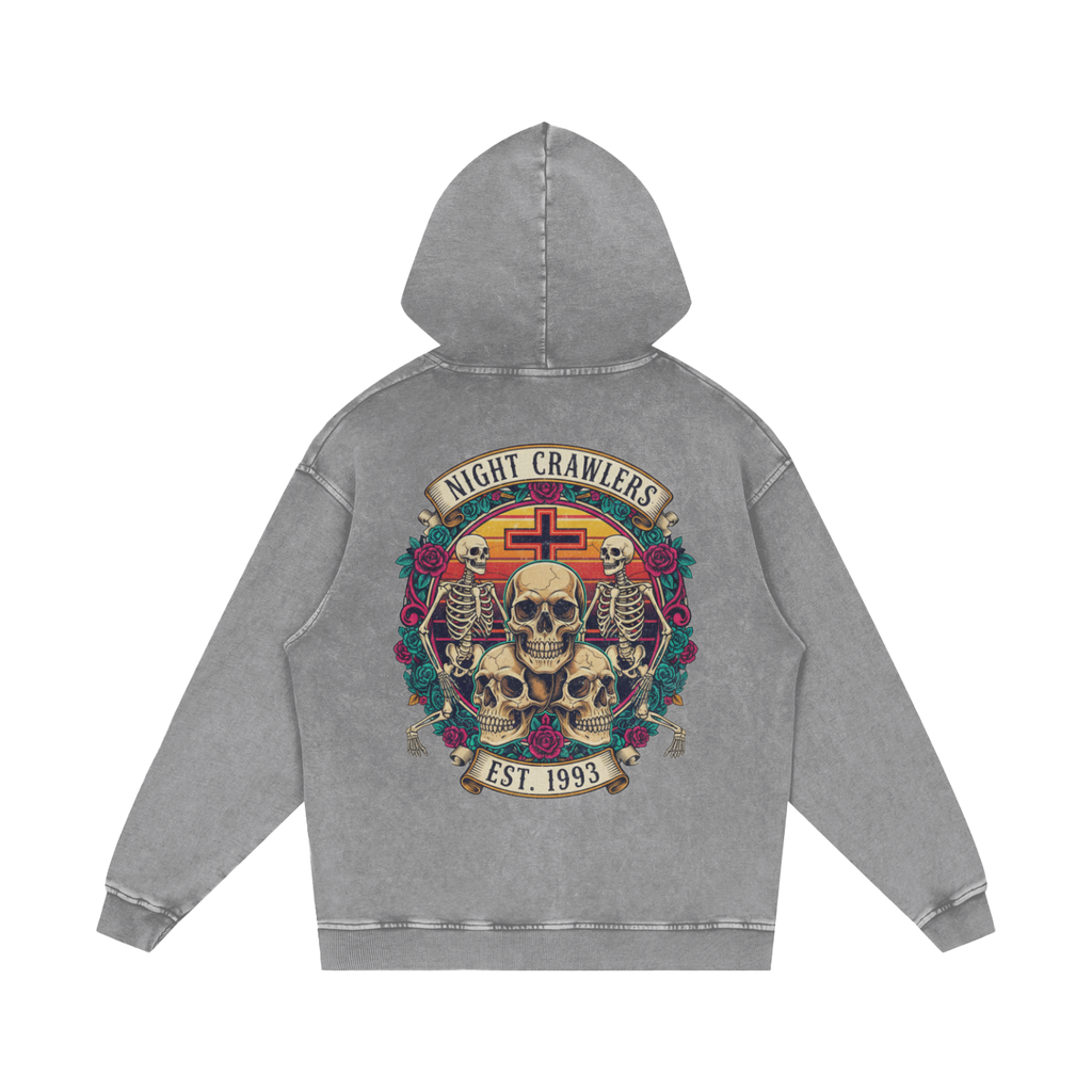 “URBAN HAZE” Vintage "Night Crawlers" Skeleton Snow Washed Loose Cotton Hoodie