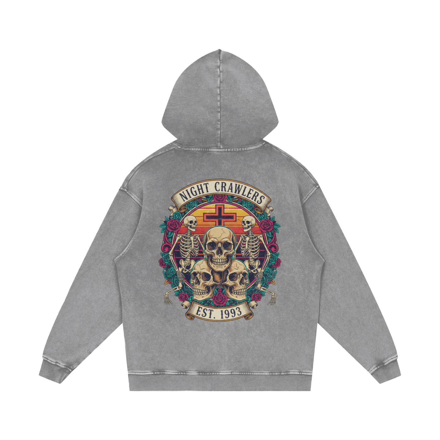 “URBAN HAZE” Vintage "Night Crawlers" Skeleton Snow Washed Loose Cotton Hoodie