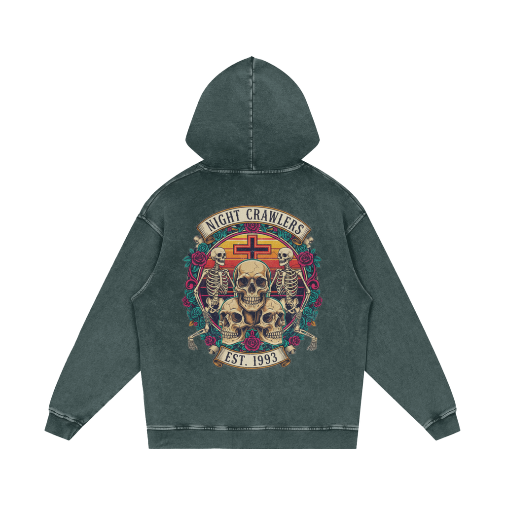 “URBAN HAZE” Vintage "Night Crawlers" Skeleton Snow Washed Loose Cotton Hoodie