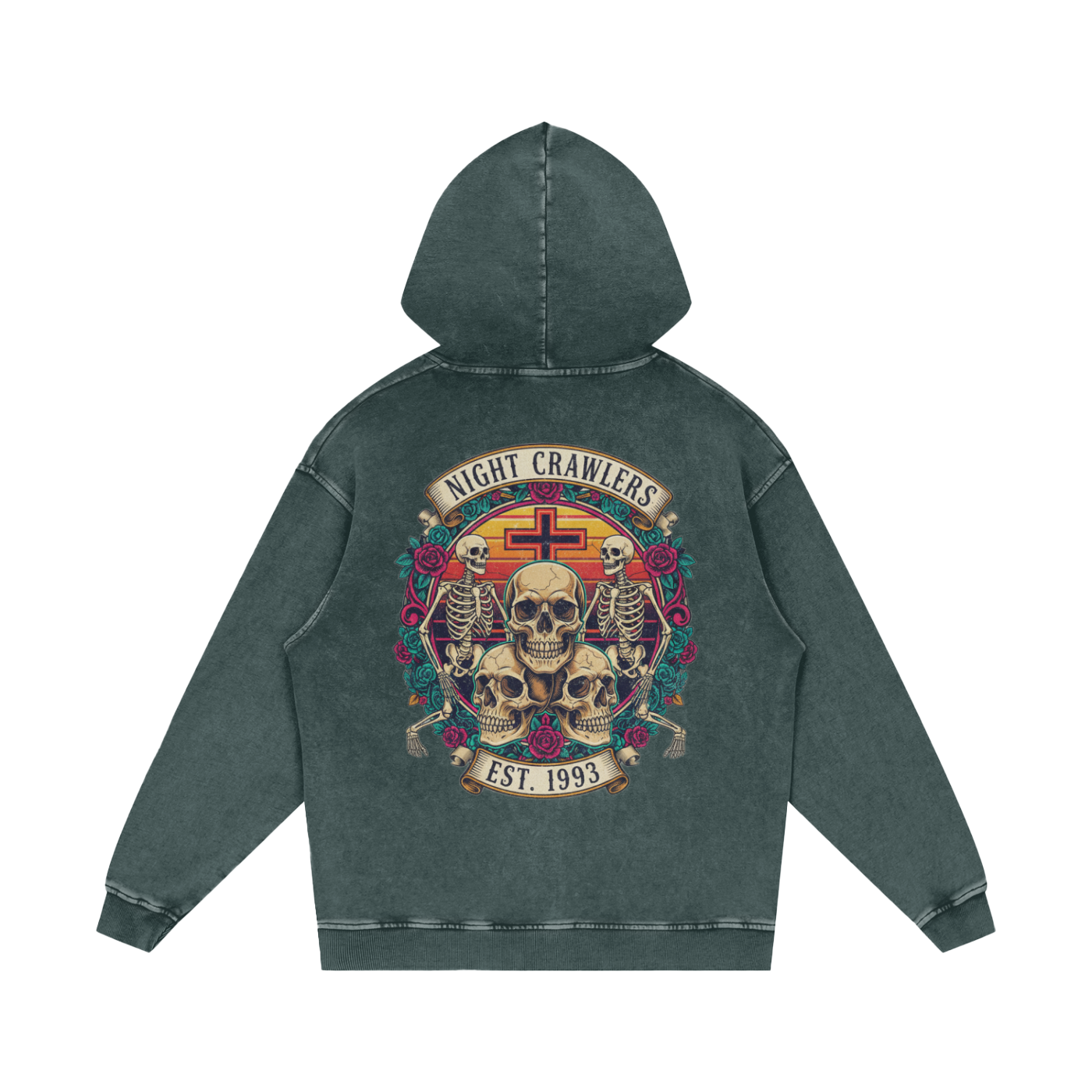 “URBAN HAZE” Vintage "Night Crawlers" Skeleton Snow Washed Loose Cotton Hoodie