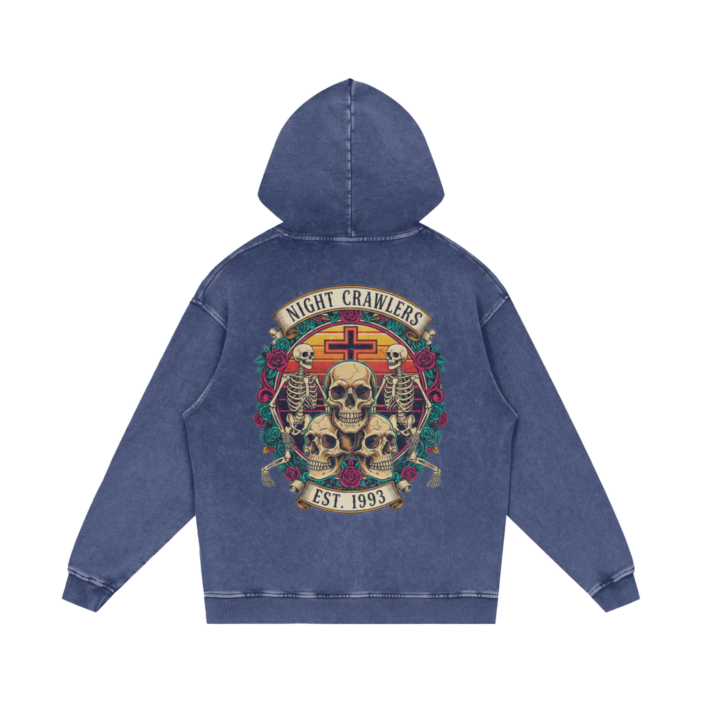 “URBAN HAZE” Vintage "Night Crawlers" Skeleton Snow Washed Loose Cotton Hoodie
