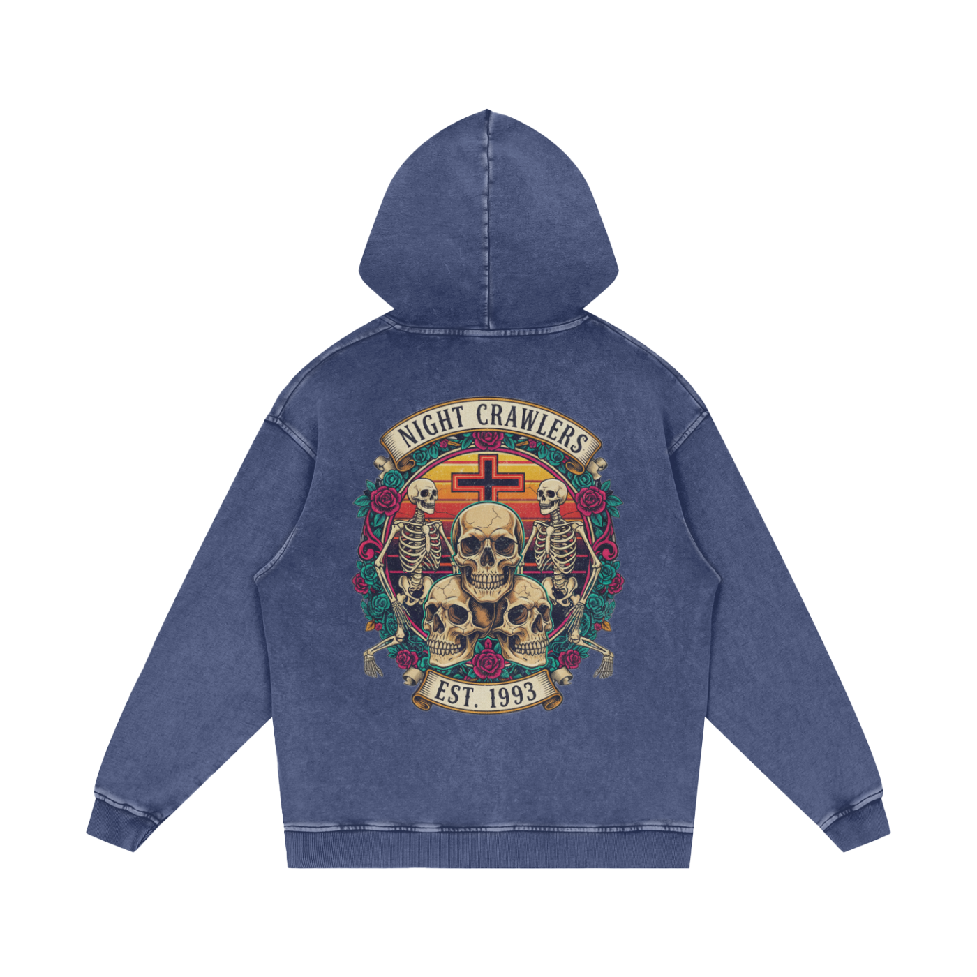 “URBAN HAZE” Vintage "Night Crawlers" Skeleton Snow Washed Loose Cotton Hoodie