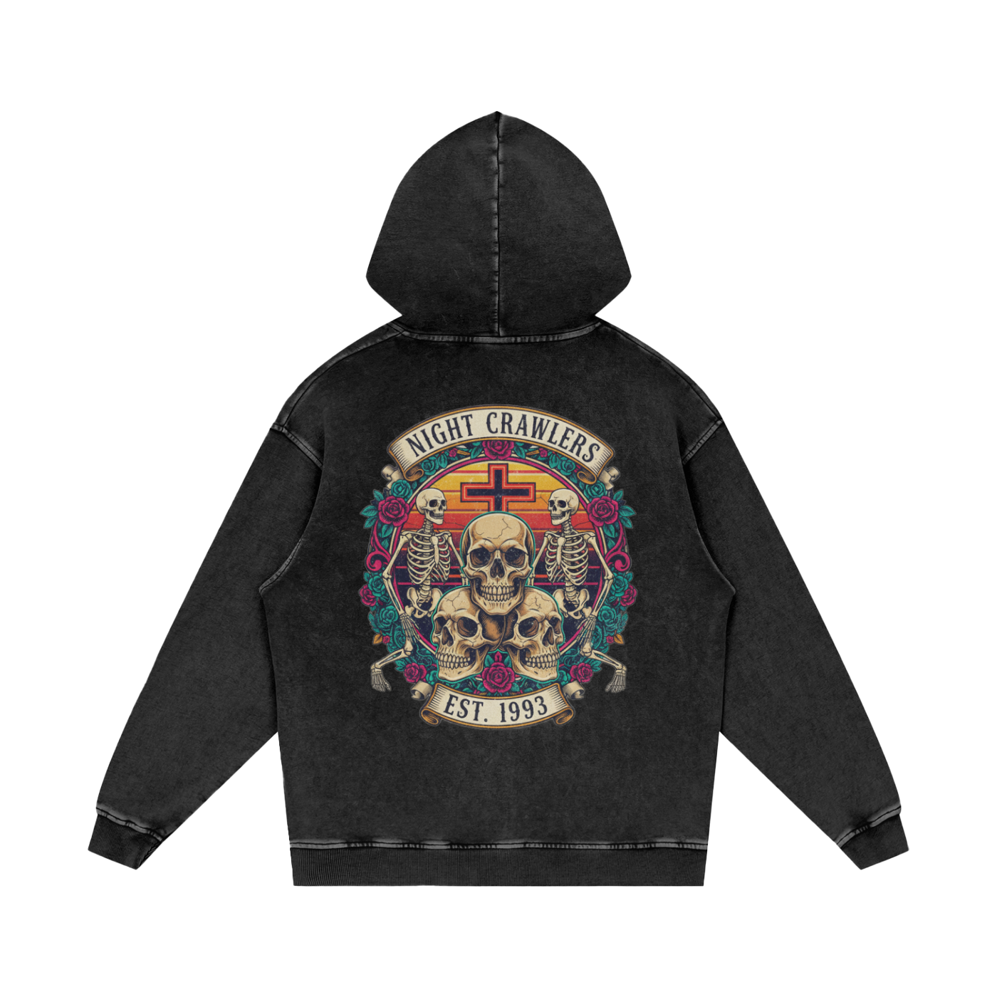 “URBAN HAZE” Vintage "Night Crawlers" Skeleton Snow Washed Loose Cotton Hoodie