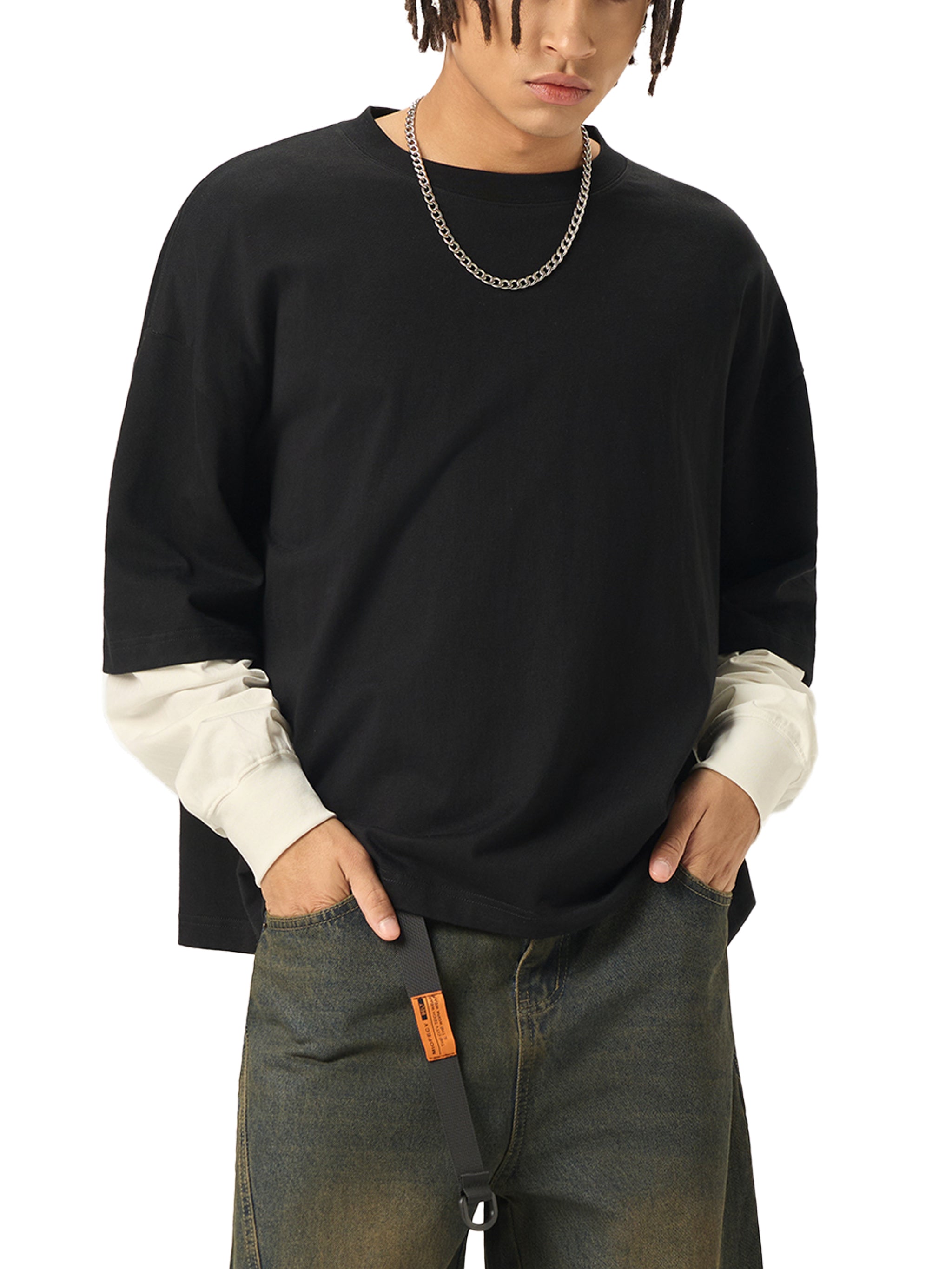 URBAN HAZE “Unreasonable” Layered Contrast Sleeve Cotton T-Shirt