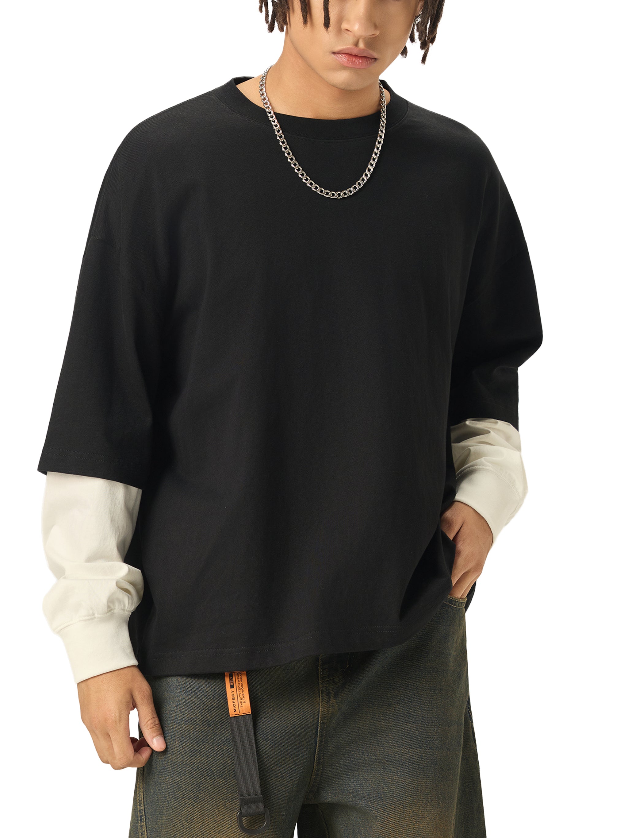 URBAN HAZE “Unreasonable” Layered Contrast Sleeve Cotton T-Shirt