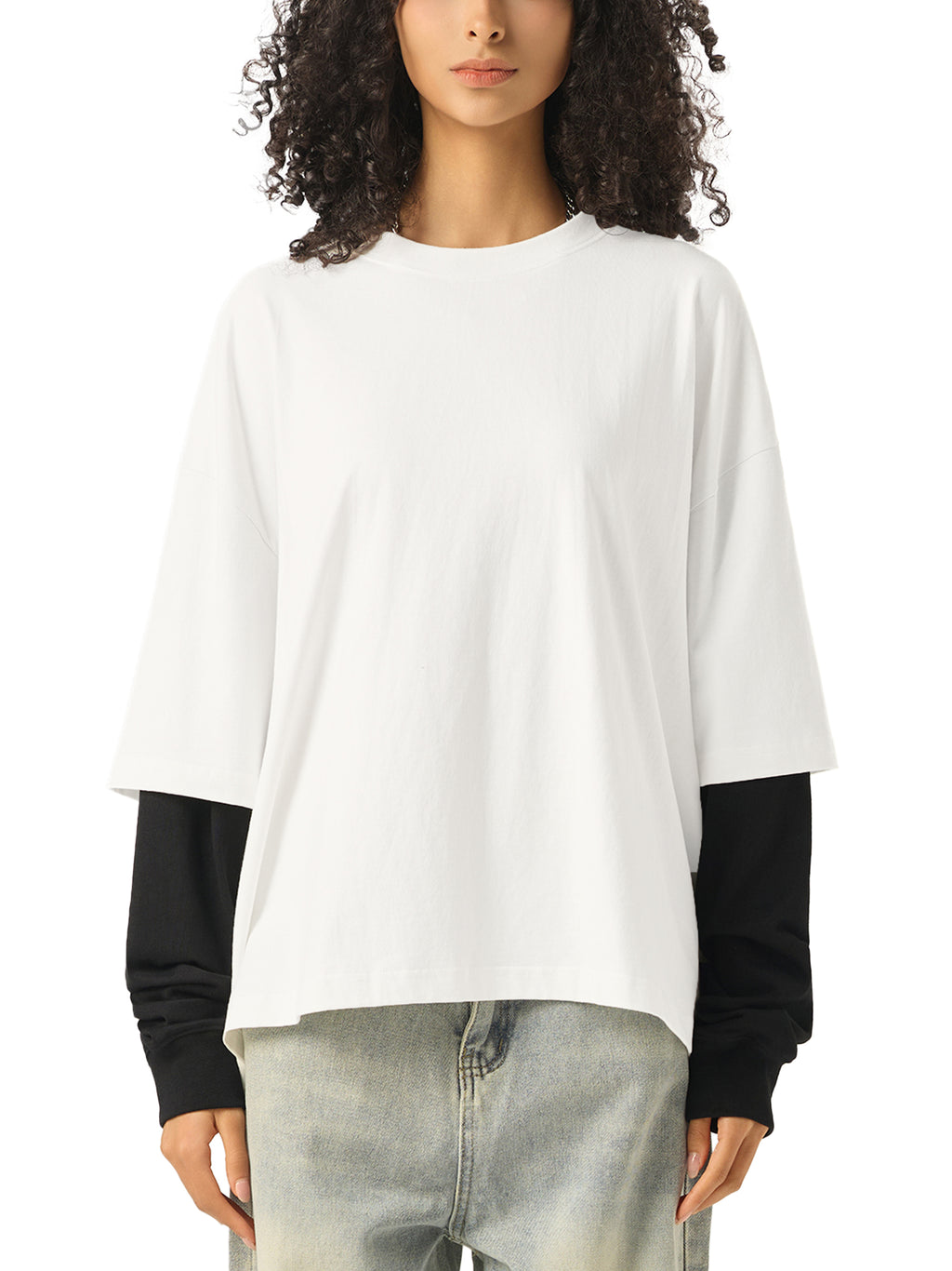 URBAN HAZE “Unreasonable” Layered Contrast Sleeve Cotton T-Shirt